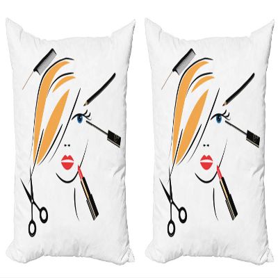 Ambesonne Hair Salon Decorative Throw Pillow Case Pack of 2, Beauty Salon Concept Make up Hairdo Comb Lipstick and Scissors, Couch Bedroom Living Room Cushion Cover, 20", Black Earth Yellow