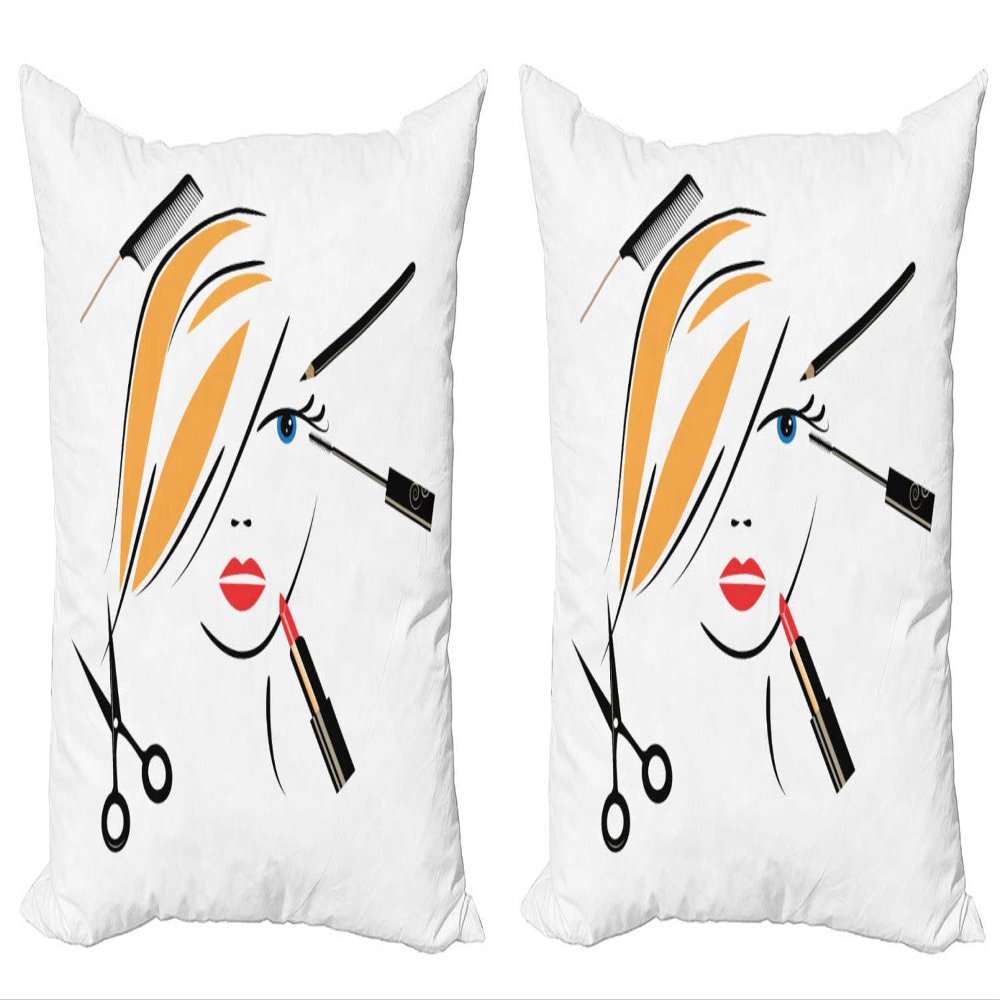 Ambesonne Hair Salon Decorative Throw Pillow Case Pack of 2, Beauty Salon Concept Make up Hairdo Comb Lipstick and Scissors, Couch Bedroom Living Room Cushion Cover, 20", Black Earth Yellow