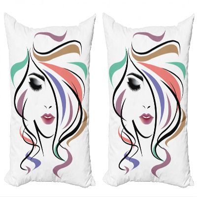 Ambesonne Hair Salon Throw Pillow Cushion Cover Pack of 2, Smokey Eye Make-up Lady with Colorful Wavy Hair Stripes and Curly Lines, Zippered Double-Side Digital Print Decor, 20", Multicolor