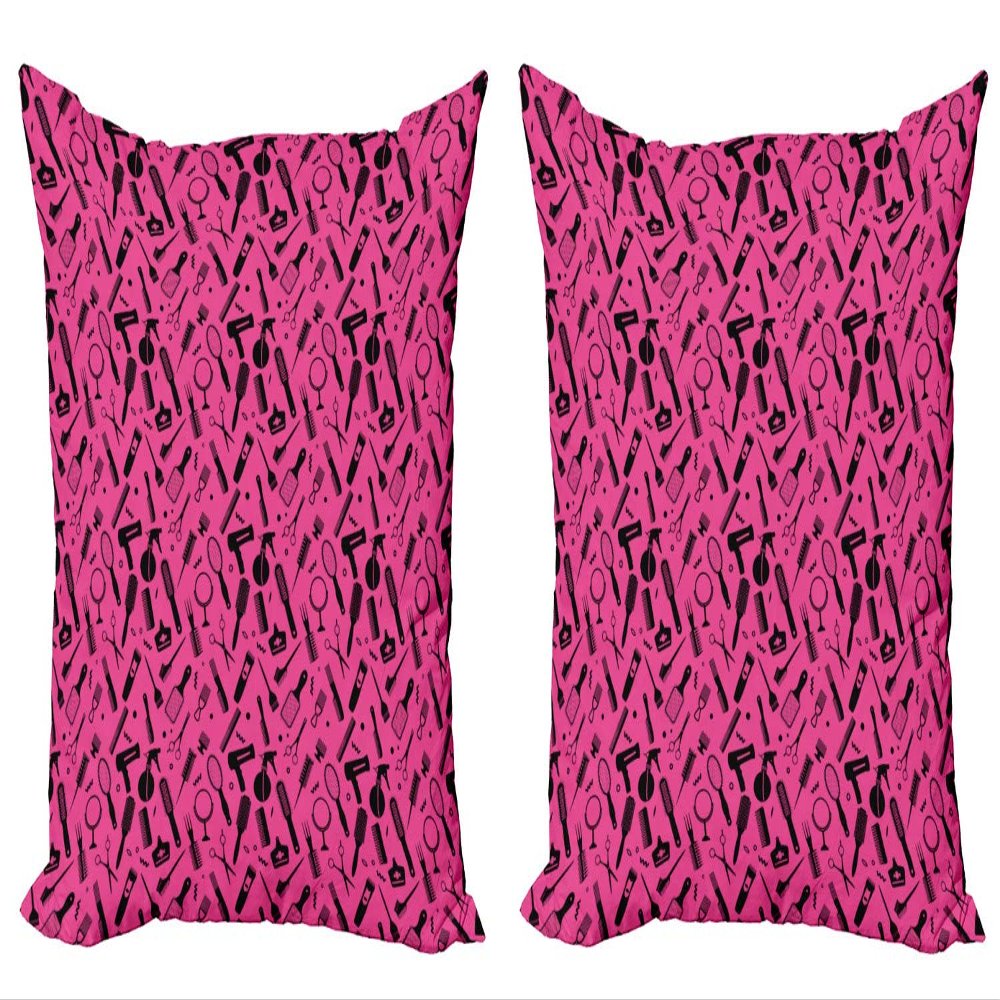 Ambesonne Hair Salon Decorative Throw Pillow Case Pack of 2, Beauty Salon Concept Hairdo Vented Brush Combs Mirrors Scissors, Couch Bedroom Living Room Cushion Cover, 24", Hot Pink and Black