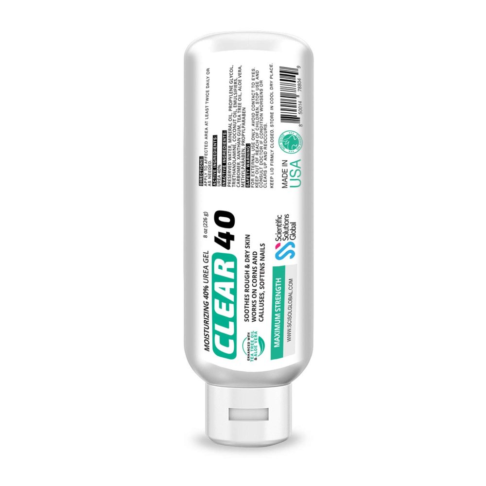 Clear 40, 40% Urea Gel, 8 oz w/Tea Tree & Coconut Oil, Aloe Vera Extract, Works on Calluses & Corns, Moisturizes & Softens Cracked Heels, Feet, Elbows, Hands, Nails, Superior Hydration to Urea Creams