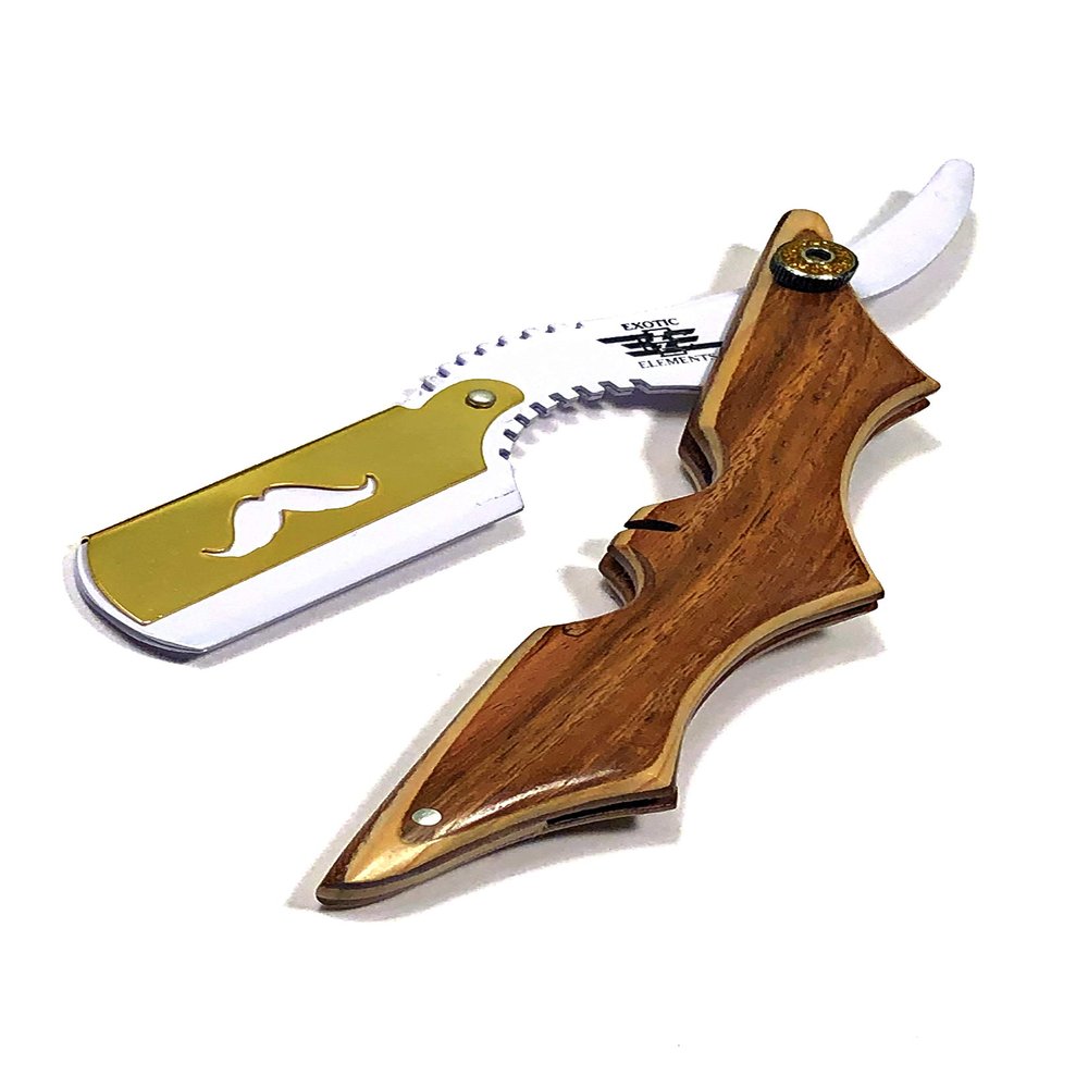 Barbershop Style Straigth Edge Razor - All Pupose Barber Shaving Razor in White and Gold - Wooden Handle With Steel Blade