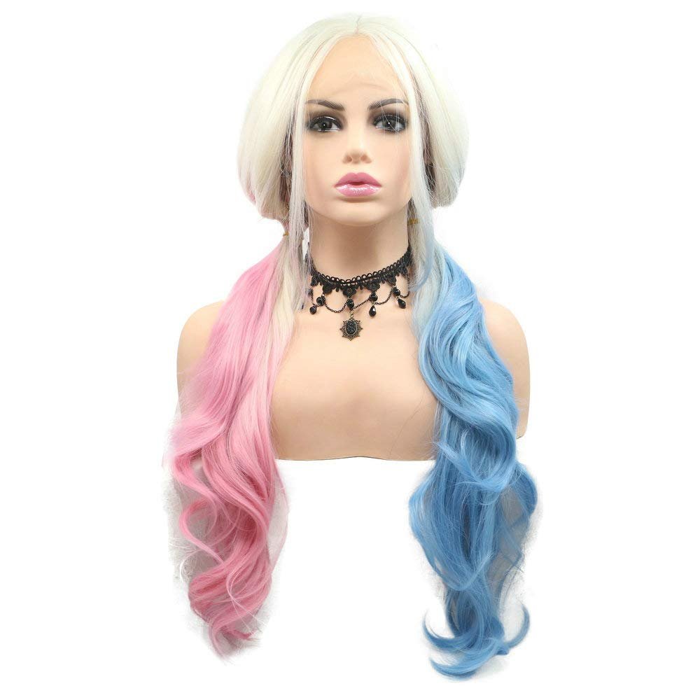 SERENEWIG Cosplay Wigs for Drag Queen 2x Braids Synthetic Lace Front Wigs for Women 60# White Blonde Ombre Half Pink Half Blue Hair Wigs