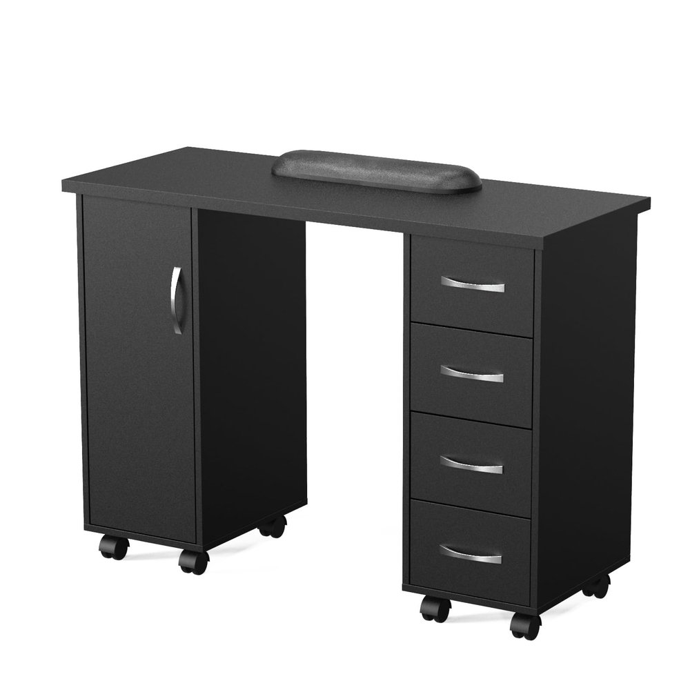 mefeir Manicure Table Nail Desk, Spa Salon Beauty Wooden Technician Workstation w/Cabinet, Drawers, Wheels & Wrist Rest, Black