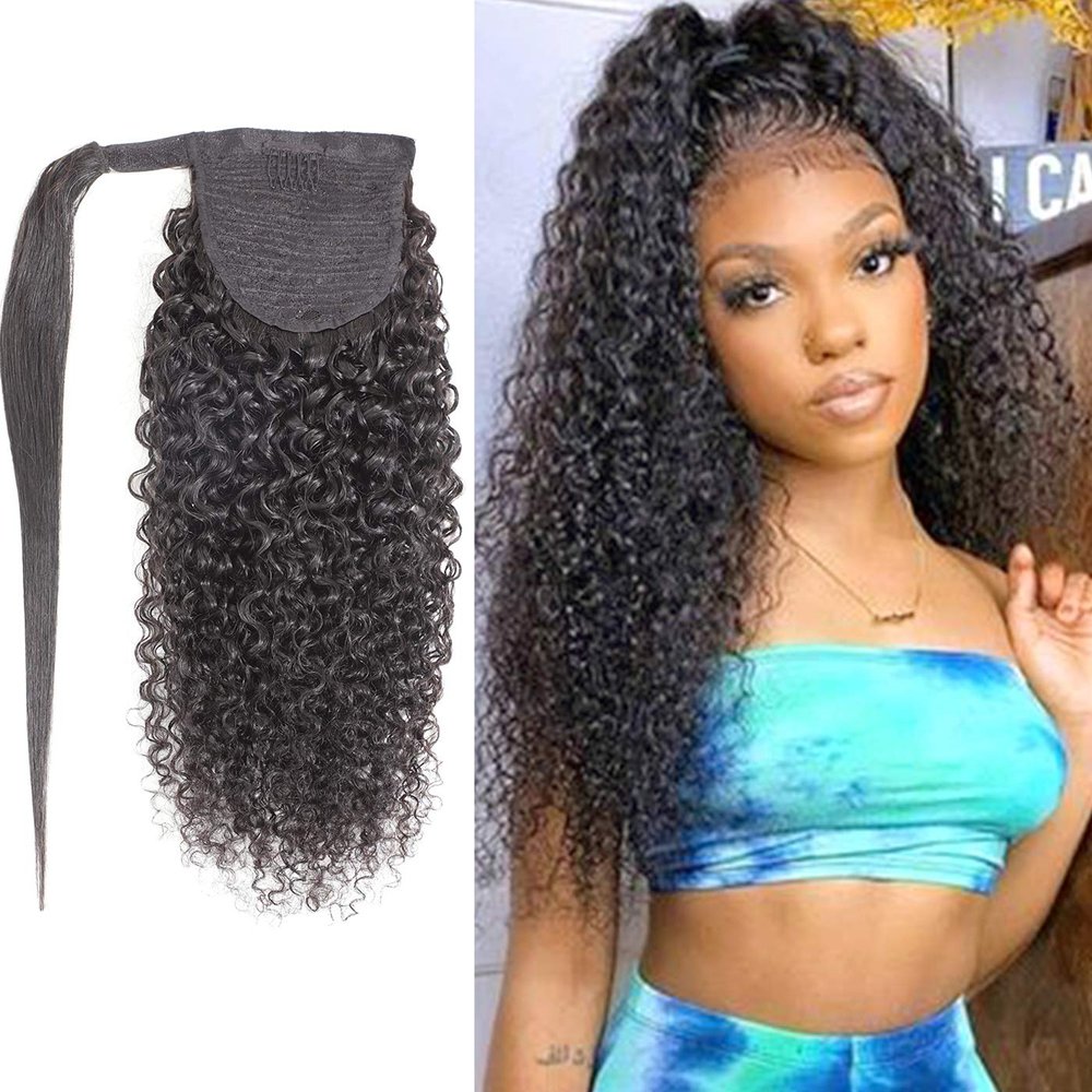 Feelgrace Curly Human Hair Ponytail Extension with Wrap Around 10A Brazilian Human Hair 3C Afro Curly Ponytail Clip in Human Hair Extension Long Curly Wavy 20 Inch