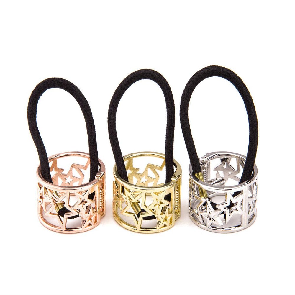 Fodattm Set of 3 Metal Ponytail Holder Punk Hair Cuff Hair Tie Elastic Rope Hair Band Stretch Headwear for Lady Women (Star pattern)