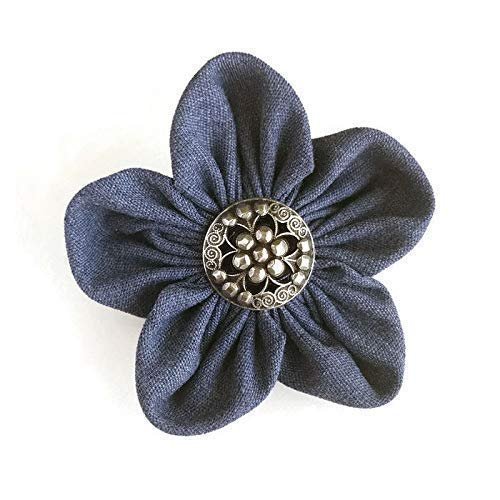 Blue Denim Flower Lapel Pin, Blue Hair Clip, Floral Accessories for Him, Flower Pins for Her, Blue and Silver Boutonniere