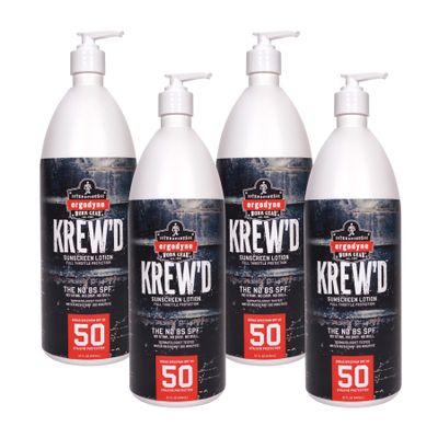 Ergodyne KREW'D 6355 Sunscreen Lotion, Broad Spectrum SPF 50, Water Resistant, 32 oz, 4-Pack, White