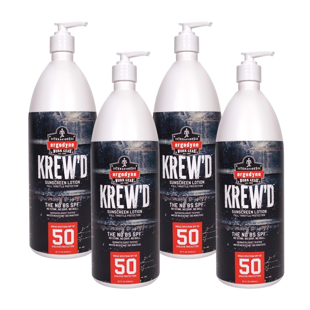 Ergodyne KREW'D 6355 Sunscreen Lotion, Broad Spectrum SPF 50, Water Resistant, 32 oz, 4-Pack, White