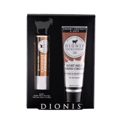 Dionis - Goat Milk Skincare Scented Hand Cream & Lip Balm Set (1 oz and .28 oz) - Made in the USA - Cruelty-free and Paraben-free (Creamy Coconut & Oats)