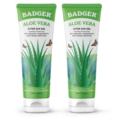 Badger Organic Aloe Vera Gel for Face & Body, 96% Pure Unscented Organic Aloe Gel for Cooling, Soothing, Non-Sticky Sunburn Relief, Vegan, Fair Trade & Hypoallergenic, 4 fl oz, 2-Pack