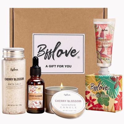 BFFLOVE Gift Set for Women - 5pcs Cherry Blossom Spa Gifts for Women , Birthday, Valentine's Day, Anniversary Gifts for Her with Massage Oil, Scented Candle, Bath Salts, Hand Cream