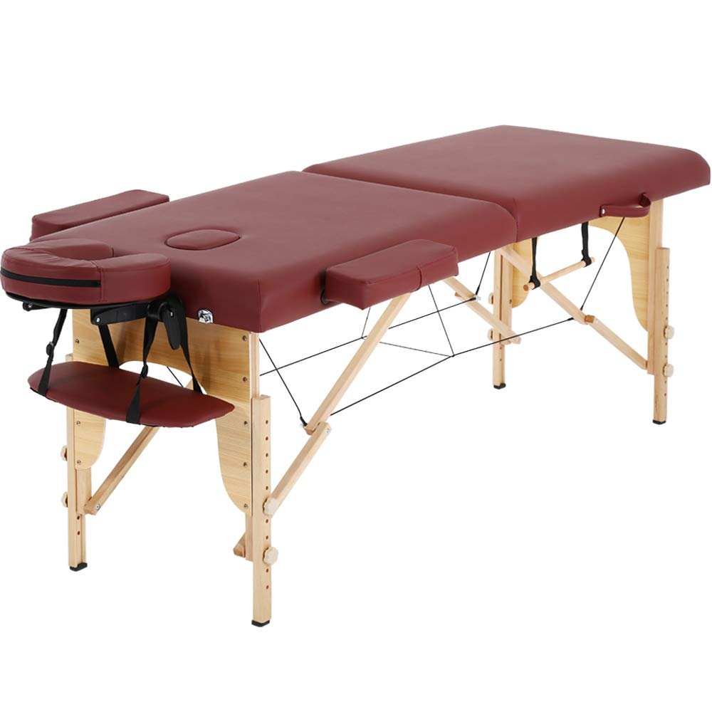 Dkeli Portable Massage Table Spa Bed Folding 84 Inch Height Adjustable 2 Fold Massage Bed with Carry Case PU Leather Professional Facial Salon Tattoo Bed with Face Cradle, Hold Up to 450Lbs, Burgundy