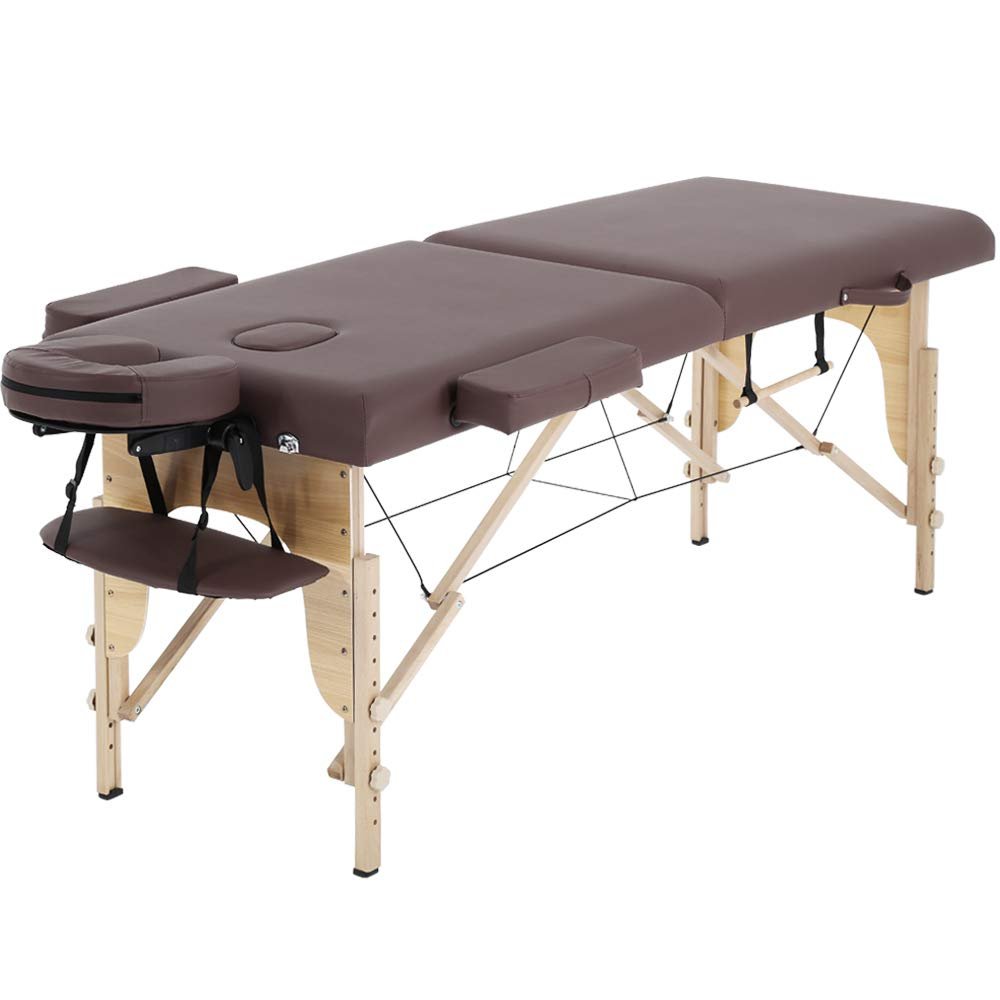 Dkeli Portable Massage Table Spa Bed Folding 84 Inch Height Adjustable 2 Fold Massage Bed with Carry Case PU Leather Professional Facial Salon Tattoo Bed with Face Cradle, Hold Up to 450Lbs, Brown