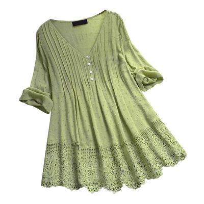 Aniywn Women Round Neck Lace Up Lace Patchwork Flare Pullover Top Casual Plus Size 3/4 Sleeve Floral Printed T-Shirt
