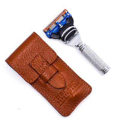 Parker Travel Fusion Safety Razor  Compact 2.75 Fusion-Style Razor with Luxurious Saddle-Leather Sheath & 1 Gillette Fusion Blade, Pocket-Friendly & Durable Design