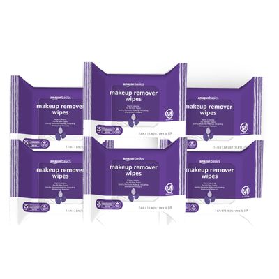 Amazon Basics Makeup Remover Wipes, Gentle Cleansing, Dermatologist Tested, Night Calming, Plant Based, Alcohol-Free, Removes Waterproof Mascara, 25 Count Per Pack, Pack of 6