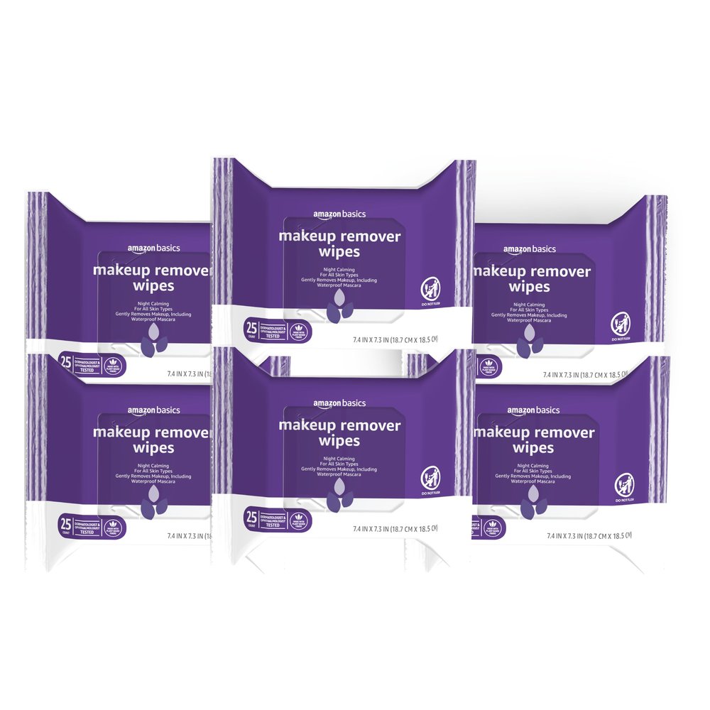 Amazon Basics Makeup Remover Wipes, Gentle Cleansing, Dermatologist Tested, Night Calming, Plant Based, Alcohol-Free, Removes Waterproof Mascara, 25 Count Per Pack, Pack of 6