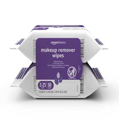 Amazon Basics Makeup Remover Wipes, Gentle Cleansing, Dermatologist Tested, Night Calming, Plant Based, Alcohol-Free, Removes Waterproof Mascara, 25 Count Per Pack, Pack of 2