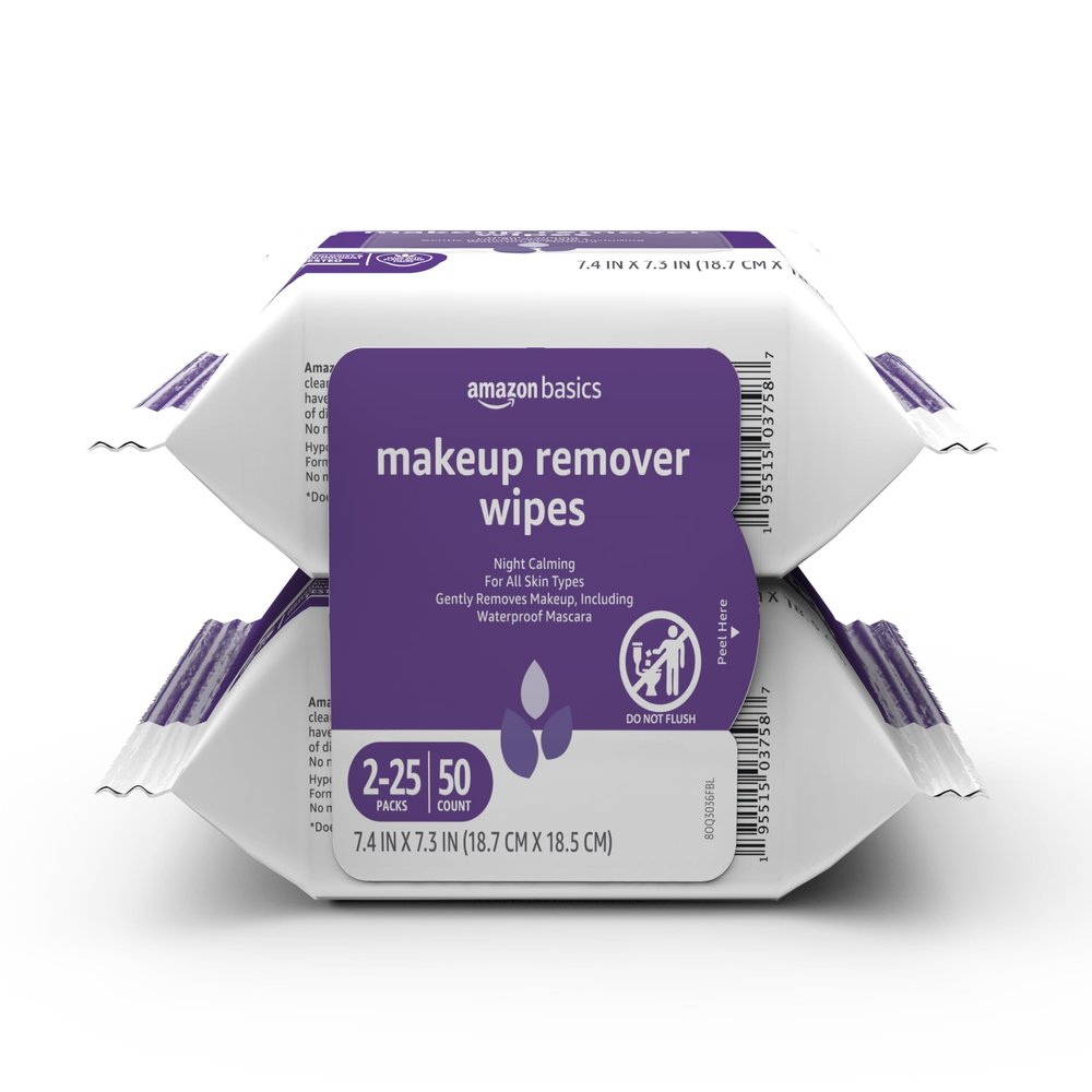 Amazon Basics Makeup Remover Wipes, Gentle Cleansing, Dermatologist Tested, Night Calming, Plant Based, Alcohol-Free, Removes Waterproof Mascara, 25 Count Per Pack, Pack of 2