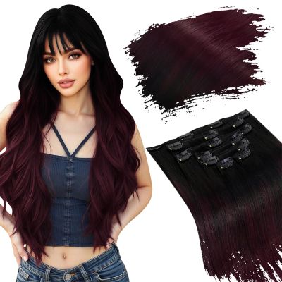 Ugeat Dark Red Clip in Hair Extensions Long Length 22 Inch Hair Clip Extensions for Women Ombre Black to Red Remy Hair Extensions Clip in 7pcs 120g 1B99J