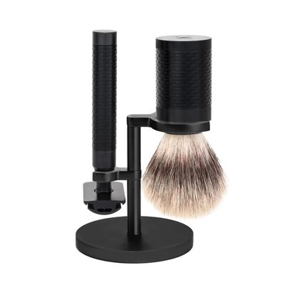 MHLE ROCCA Jet Black & Stainless Steel 3-Piece Shaving Set - Silvertip Fiber Brush, Safety Razor & Stand Safety Razor Kit & Shaving Kit, Straight Razor Kit for Men