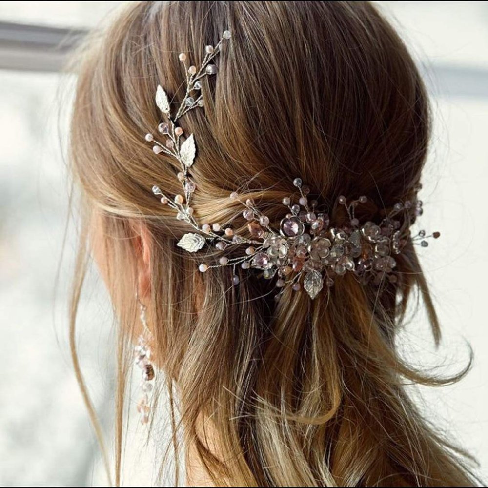 Aimimier Bridal Pink Crystal Headband and Earrings Pink Opal Flower Leaf Jewelry Set Wedding Hair Piece Prom Party Festival Hair Accessories for Women and Girls
