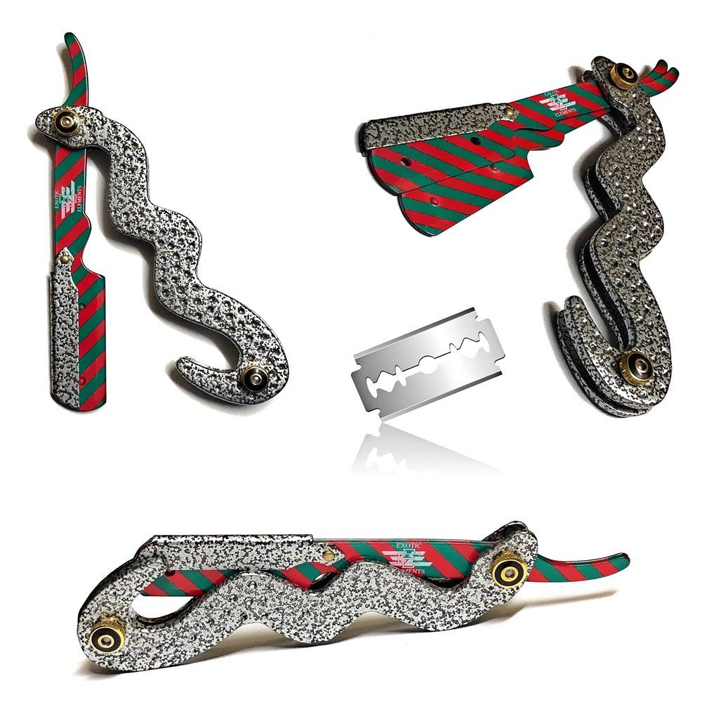 Green and Red With Gray Texture Snake Style Straight Edge Shaving Razor - Compatible With Double Edge Blades