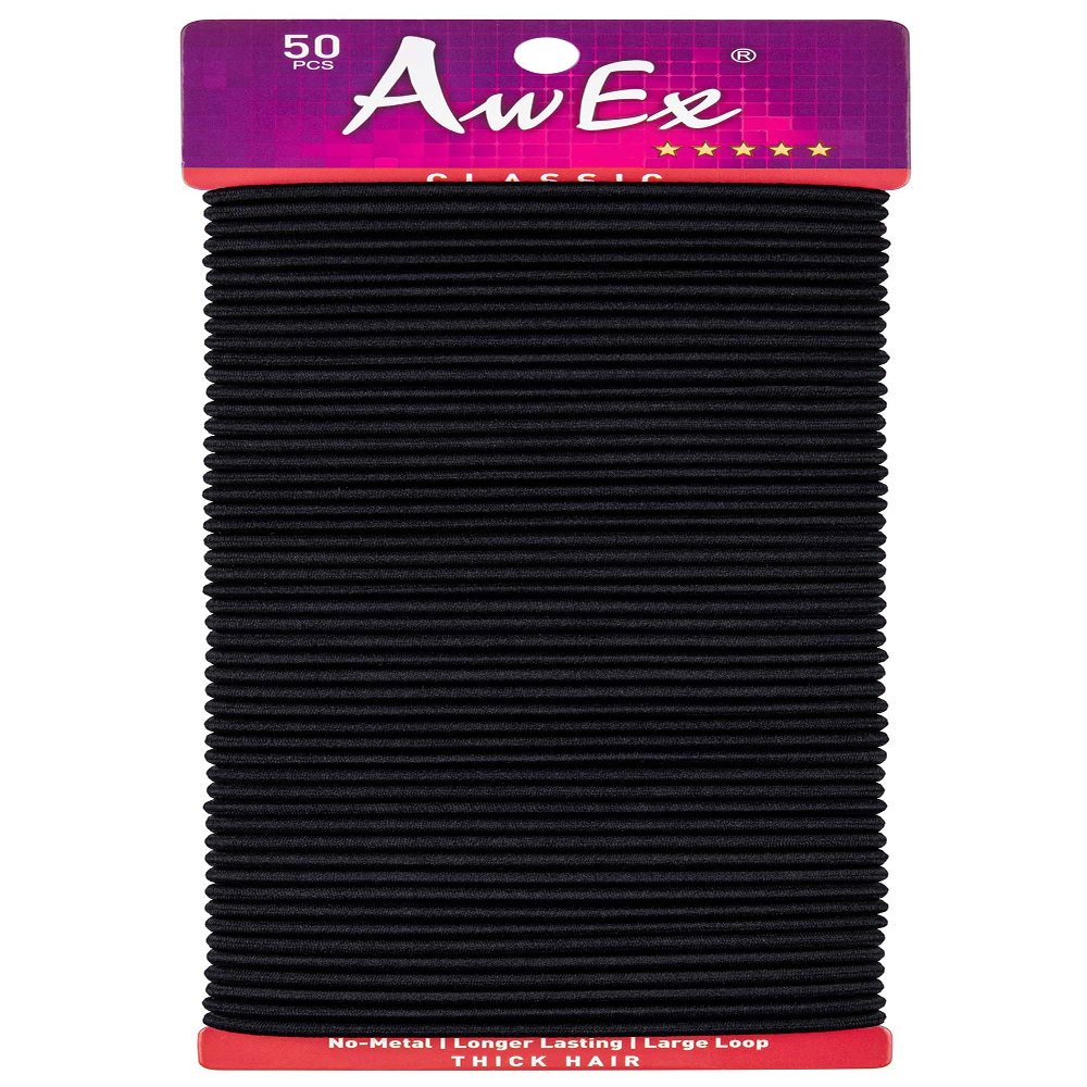 AwEx Hair Ties, Large Black: 50 PCS, 4 mm Thick, 170 mm Circumference, No Metal, Ouchless, Non-Tangle, Non-Pull - Great for Thick, Curly, Wavy Hair