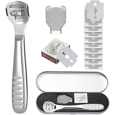 zukabmw Pedicure Callus Shaver Foot File Care Hard Skin Remover Callus Shaver Sets with Case, Foot File Heads & 10 Replacement Blade for Hand Feet (Stainless Steel Handle)