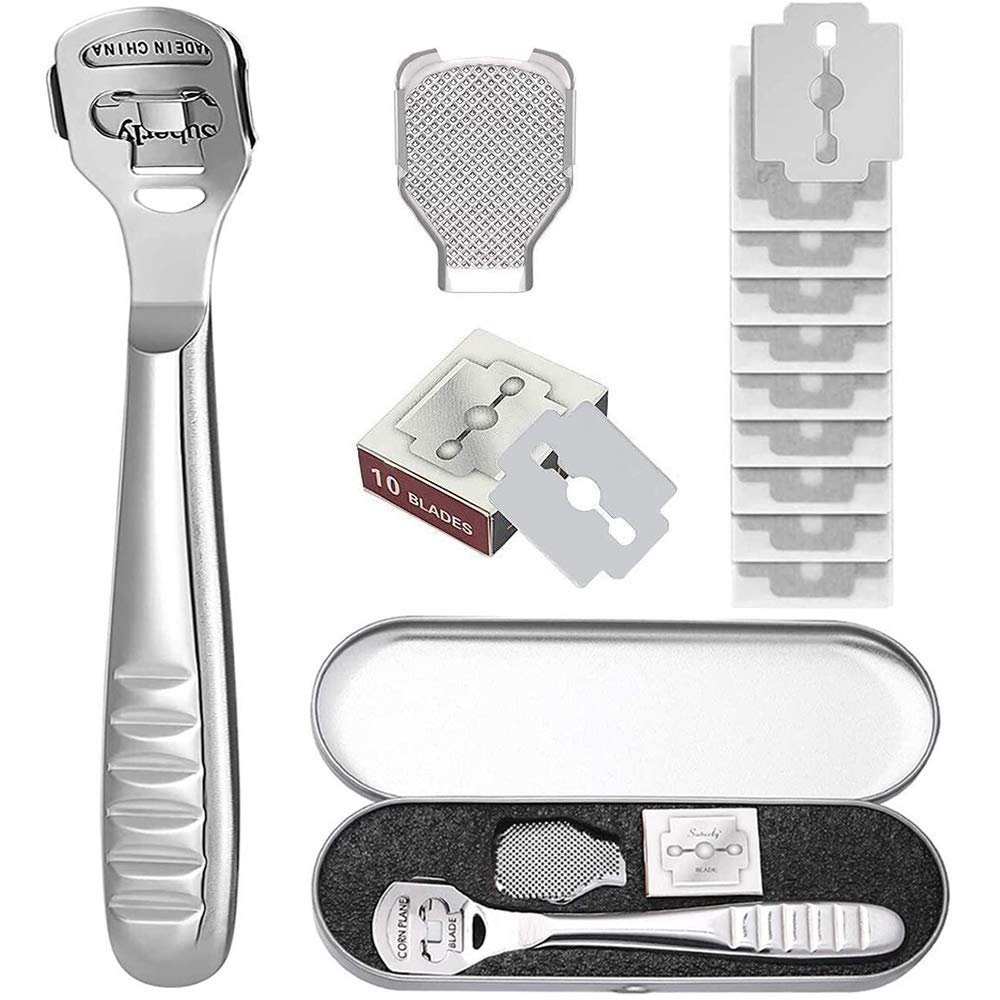zukabmw Pedicure Callus Shaver Foot File Care Hard Skin Remover Callus Shaver Sets with Case, Foot File Heads & 10 Replacement Blade for Hand Feet (Stainless Steel Handle)