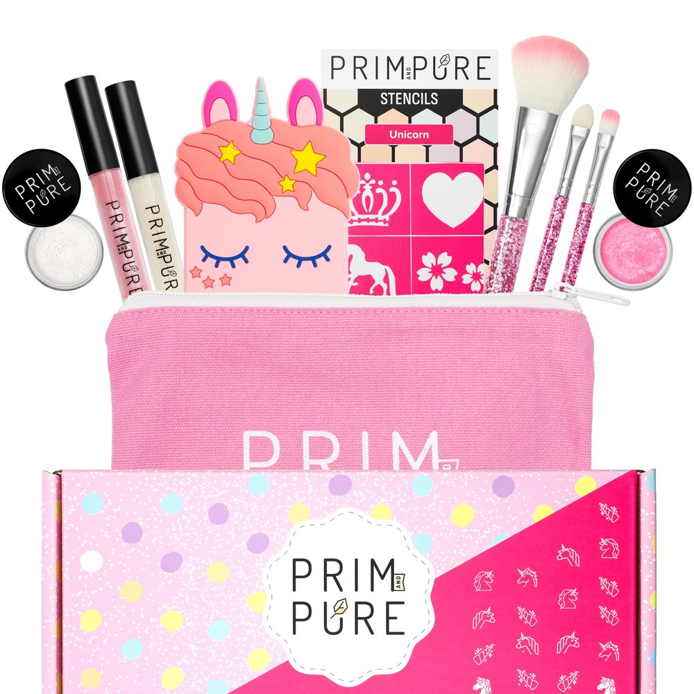 Prim and Pure Mineral Gift Set with Unicorn Mirror| Perfect for Play Dates & Birthday Parties | Kids Eyeshadow Makeup Mineral | Organic & Natural Makeup Kit for Kids| Made in USA (Pink)