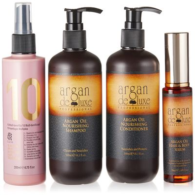 Argan Deluxe Professional Shampoo, Conditioner, 10 in 1 Spray, Moroccan Argan Oil Serum Bundle