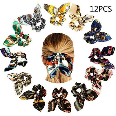 12PCS Floral Hair Scrunchies Tencel Velvet Multi Color Hair Ring Satin Fabric Ribbon Large Bowel Hair Ring Sweet Rabbit Ear Bunny Hair Ring (#2 Flower Type)