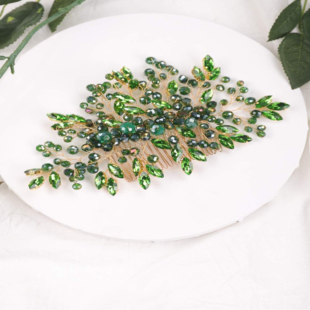 Aimimier Bridal Emerald Hair Comb Green Crystal Hair Piece Wedding Hair Accessories for Women and Girls (Green)