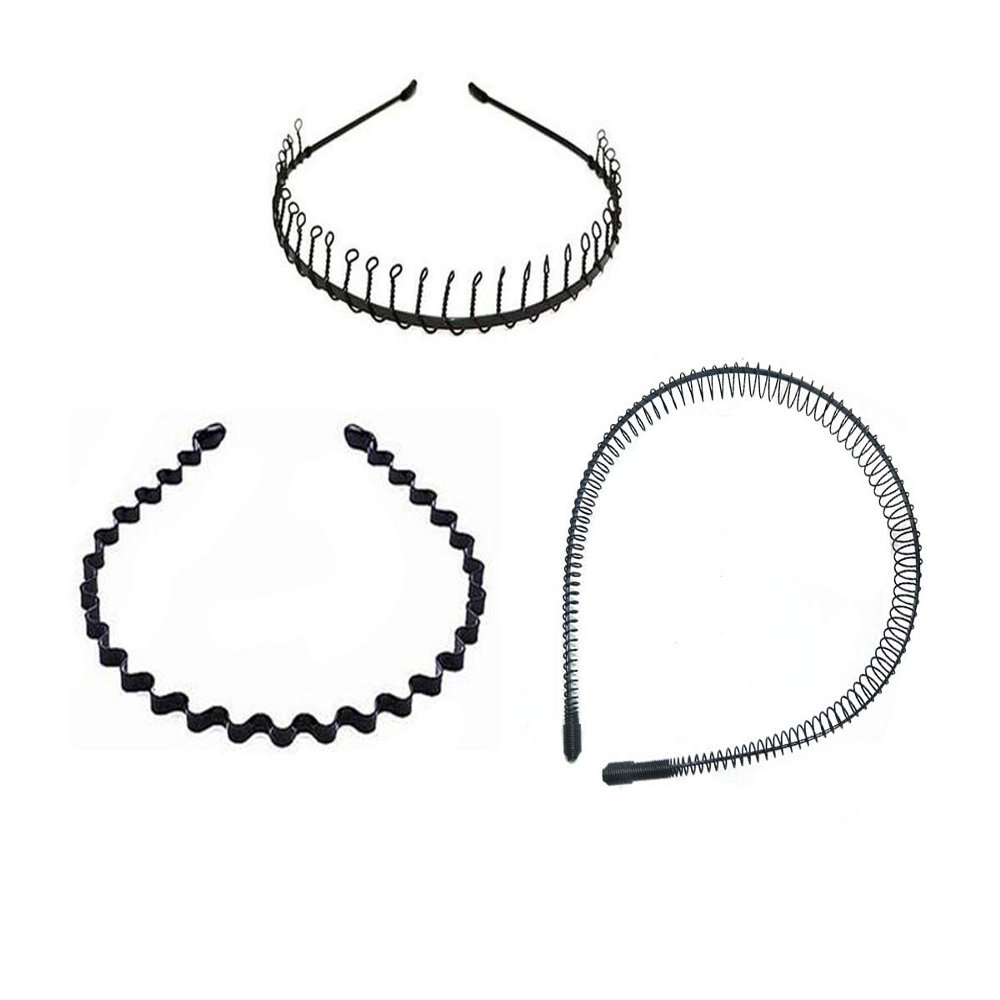 Fodattm 3PCS Black Flexible Spring Wave Headband Hairband Headwear Multi-style Metal Hair Comb Hair Hoop for Men and Women (Style B#)