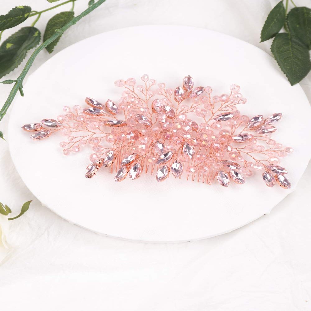 Aimimier Comb - Pink Crystal Hair Comb, Rose gold, for Women and Girls, Wedding Hair Accessories