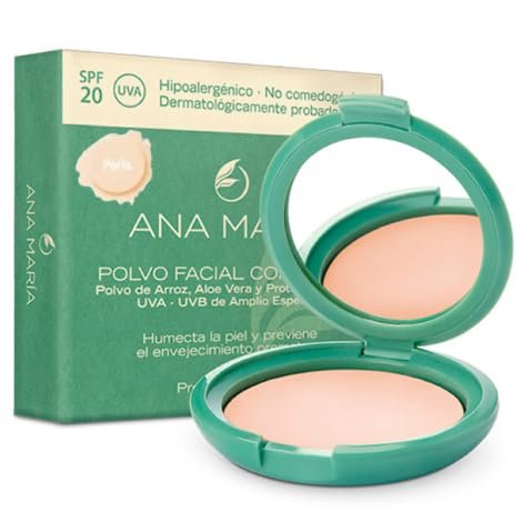 Ana Maria Maquillaje Cosmeticos | Polvo Facial Compacto Arroz Aloe Vera FPS 20 UVA | Make up Pressed Powder SPF 20 0.5oz-14gr (Perla | Pearl (2))