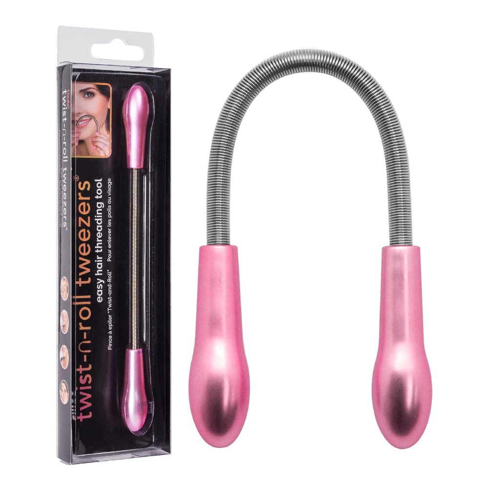 Lindo Twist-N-Roll Tweezer - Spring Facial Hair Removal Tool, Natural Threading, Stainless Steel, Remove Unwanted Hair on Upper Lip, Chin, Cheek, and Neck (Pink)