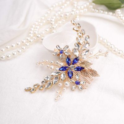 Aimimier Bridal Sapphire Crystal Hair Comb Pearl Blue Crystal Leaf Marquise Hair Piece Prom Party Festival Wedding Hair Accessories for Women and Girls (Gold)