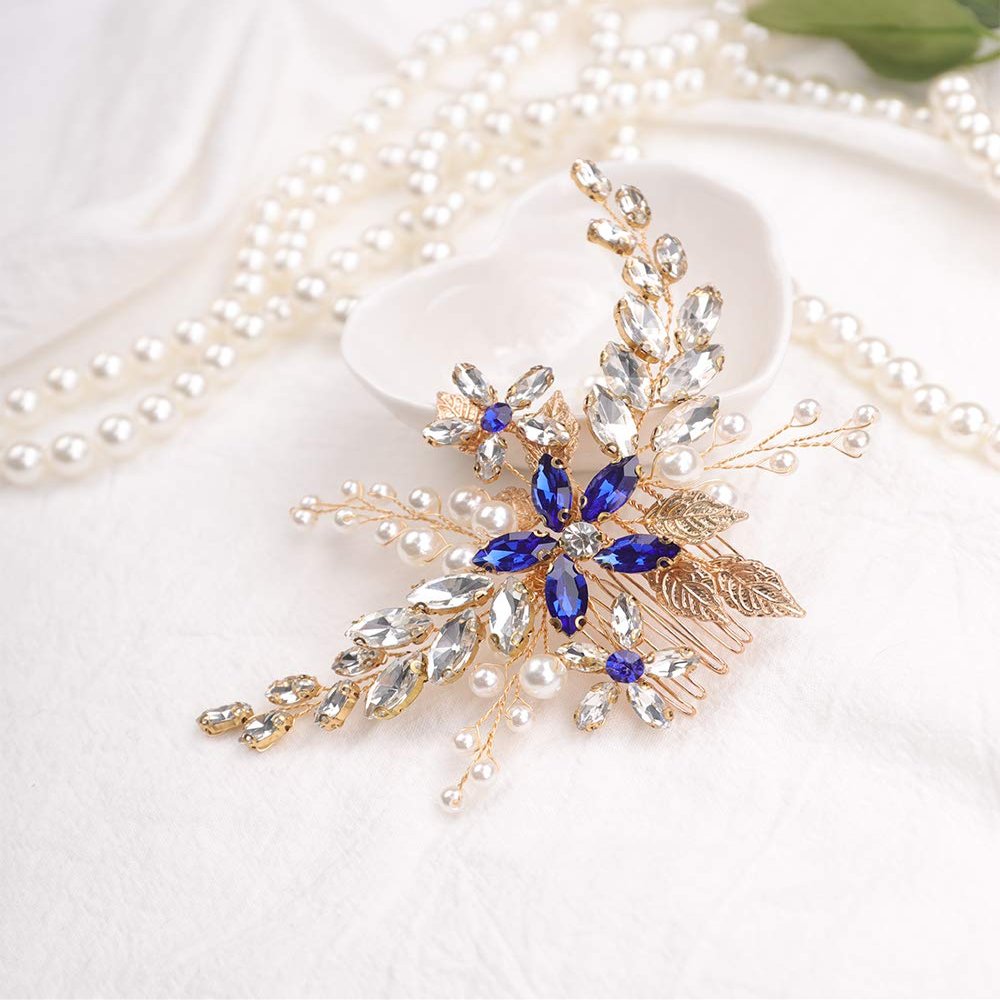 Aimimier Bridal Sapphire Crystal Hair Comb Pearl Blue Crystal Leaf Marquise Hair Piece Prom Party Festival Wedding Hair Accessories for Women and Girls (Gold)