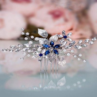 Aimimier Bridal Sapphire Crystal Hair Comb Pearl Blue Crystal Leaf Marquise Hair Piece Prom Party Festival Wedding Hair Accessories for Women and Girls (Silver)