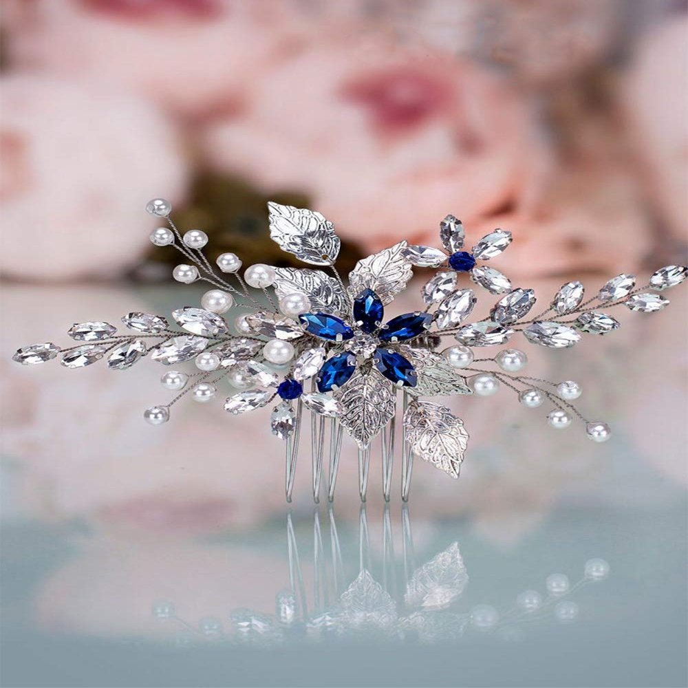 Aimimier Bridal Sapphire Crystal Hair Comb Pearl Blue Crystal Leaf Marquise Hair Piece Prom Party Festival Wedding Hair Accessories for Women and Girls (Silver)