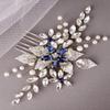 Aimimier Bridal Sapphire Crystal Hair Comb Pearl Blue Crystal Leaf Marquise Hair Piece Prom Party Festival Wedding Hair Accessories for Women and Girls (Silver) view 3