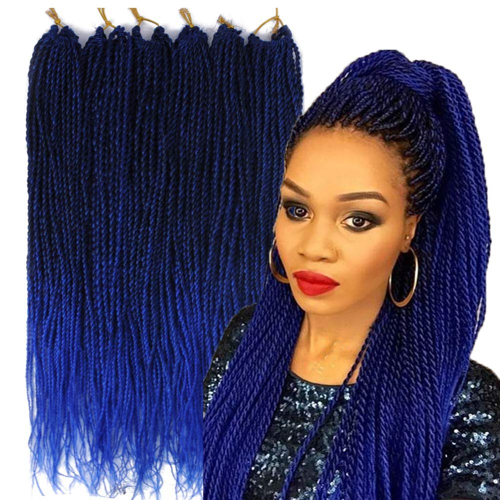 6Packs 14" 18" 24" Senegalese Twist Crochet Hair Braids Small Havana Mambo Twist Crochet Braiding Hair 2S Senegalese Twists Hairstyles For Black Women 30strands/pack 24 colors (18 inches, T1B/blue)