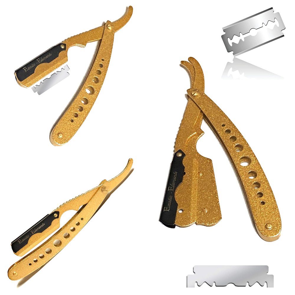 Gold and Black Light Stainless Steel Double Edge Straight Edge Barber Razor - All Purpose Classic Shaving Tool - Folding Style Cool Design Hair Shaving Blade