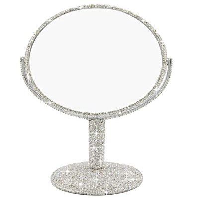 Bestbling Bling Rhinestone Portable Magnified Double Sided Swivel Makeup Vanity Mirror, 360Rotate Makeup Mirror Round Shaped Two-Sided Makeup Mirror (Silver)