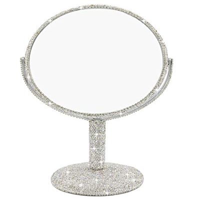 Bestbling Bling Rhinestone Portable Magnified Double Sided Swivel Makeup Vanity Mirror, 360Rotate Makeup Mirror Round Shaped Two-Sided Makeup Mirror (Silver)