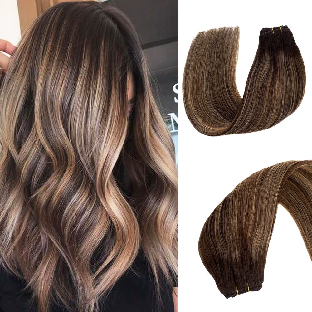 Weft Hair Extensions Real Human Hair, 18 inch 100g Brown to Golden Brown with Blonde Highlights Sew in Hair Extensions, Hand Tied Remy Human Hair Extensions Bundles