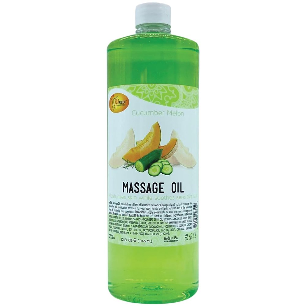 SPA REDI - Massage Oil, Cucumber Melon, 32 Oz - Professional Full Body Massage Therapy, Manicure, Pedicure - Relax Sore Muscles and Repair Dry Skin, Enhanced with High Absorption Oils and Vitamin E
